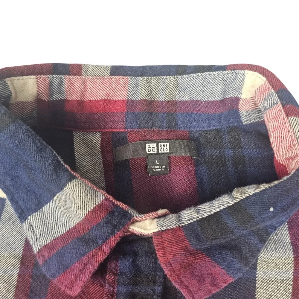 UNIQLO Mens Button Down Shirt Long Sleeve Flannel Tartan Plaid‎ Red Blue Size L